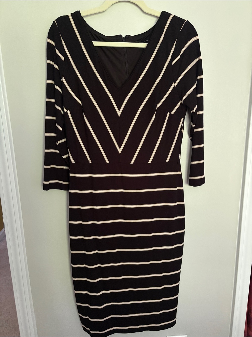 White House Black Market Blackand Cream Striped V‑Neck Sheath Dress
